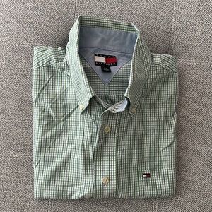 Tommy Hilfiger Short Sleeve 100% Cotton Button Down Shirt Plaid Green - Large